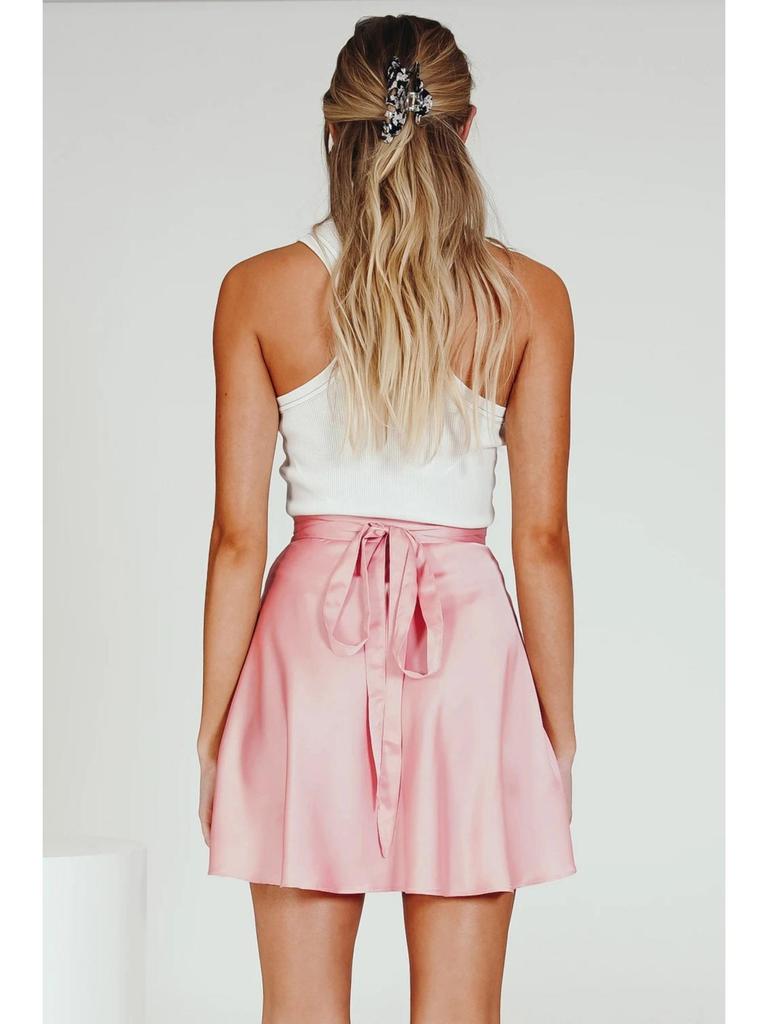 Einfarbiger Rock mit hoher Taille, modischer, einteiliger Schnür-Kurzrock, Chiffon-Satin-umwickelter Minirock