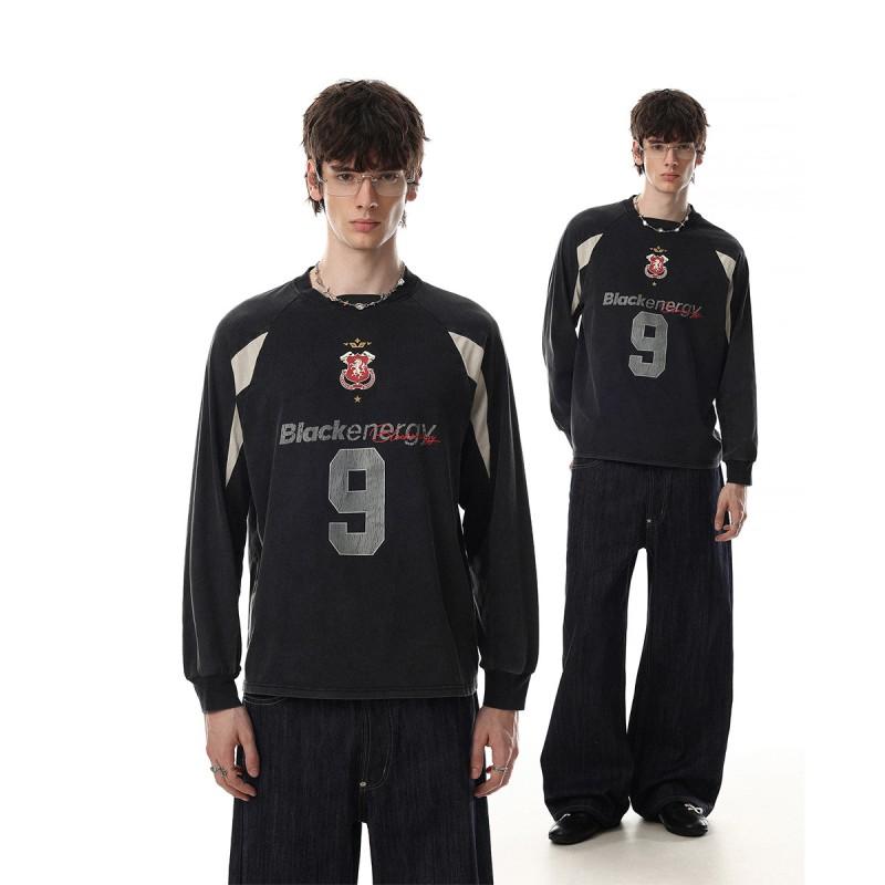 Mens Long Sleeve Cotton T-Shirt Vintage Washed Retro Moto Style Loose Fit Sport Graphic Tee