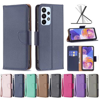 Suitable for Samsung M53 Mobile Phone Leather Case A03S Solid Color Lychee Pattern Card Protective Case S21FE Hand Rope Bracket
