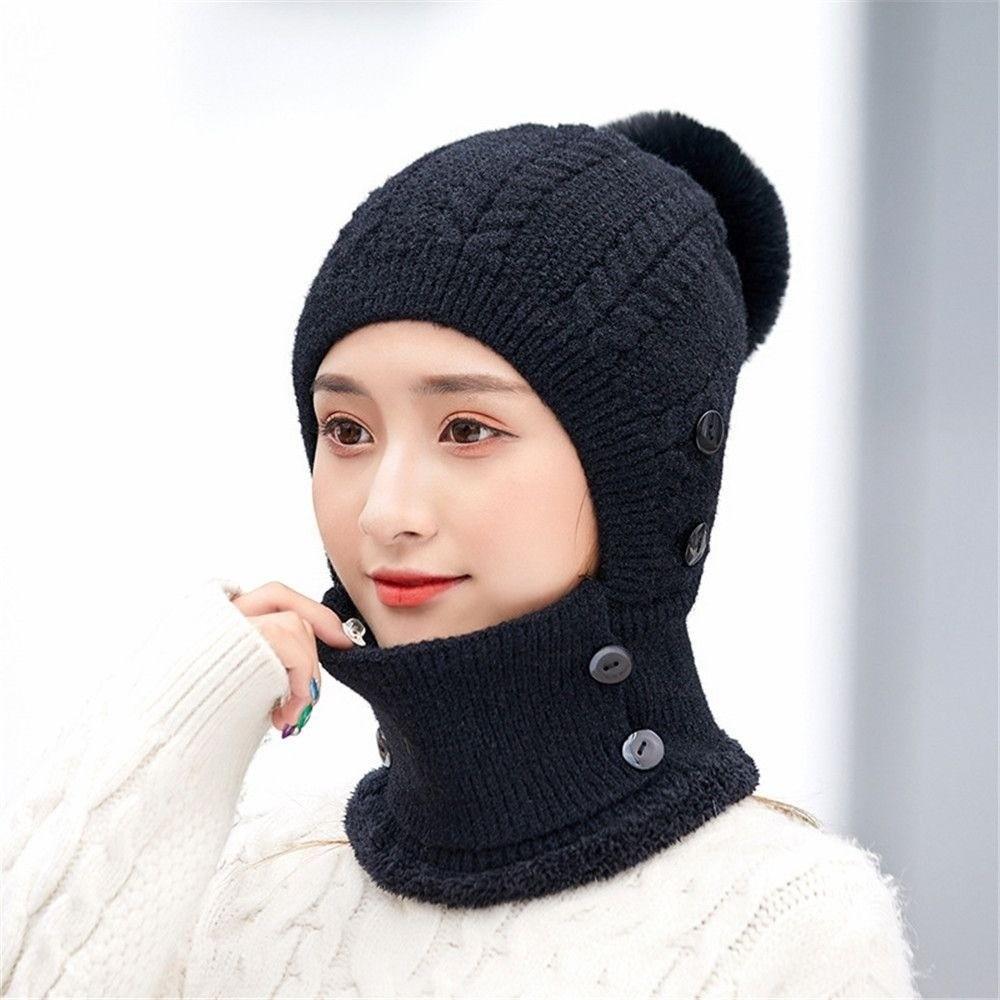 Wool Knitted Women Wool Knitted Hat Thick Face Warmer Pompoms Cap Windproof Winter Ski Hat