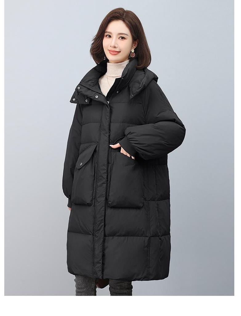 Women's Mid-Length Hooded Down Jacket, 2024 Plus Size Fashion, Warm Winter Coat, White Duck Down