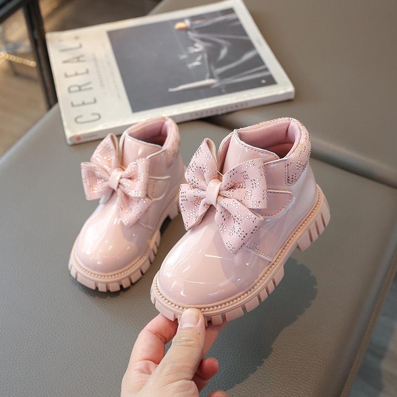 

Туфли Модный бант Обувь для девочек 2025весна Новые Детские кожаные ботинки в британском стиле Простые повседневные ботильоны для девочек Резиновые сапоги 22insole14.1cm розовый