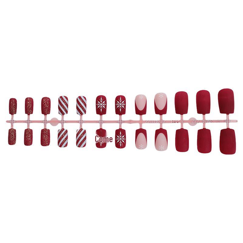 

Праздничные розовые блестящие полосатые накладные ногти-снежинки