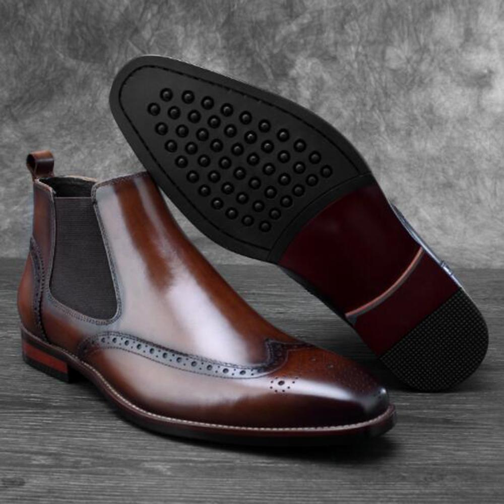 Mens Genuine Leather Brogue Chelsea Boots