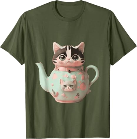 Süße Katze Pastell Teekanne Katzen-Teeliebhaber Neuheit Y2k Design T-Shirt Damenmode Streetwear Kleidung Kitty Grafik-T-Shirt Top