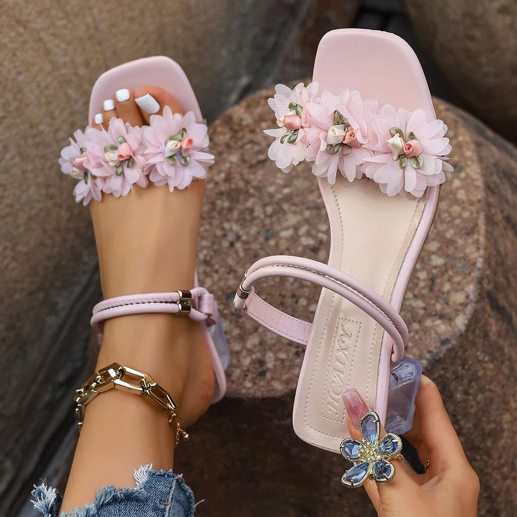 Summer Women High Heel Sandals Crystal Buckle Thick Heel Slippers Fashionable Floral Sandals Designer Rubber Sole Simple Shoes