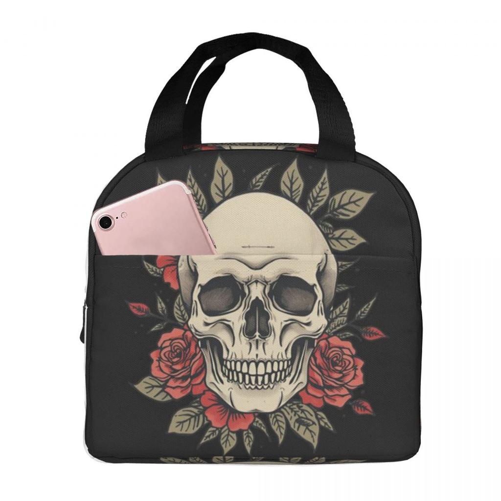 Vintage Gothic Skull Roses Insulated Lunch Bag for Women Kids Portable Food Boxes Thermal Lunch Box Tote