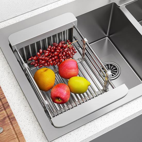 Stainless Steel Adjustable Expandable Rack Multifunctional Kitchen Sink Drain Basket with Dish Drying & Rinsing Non-Slip