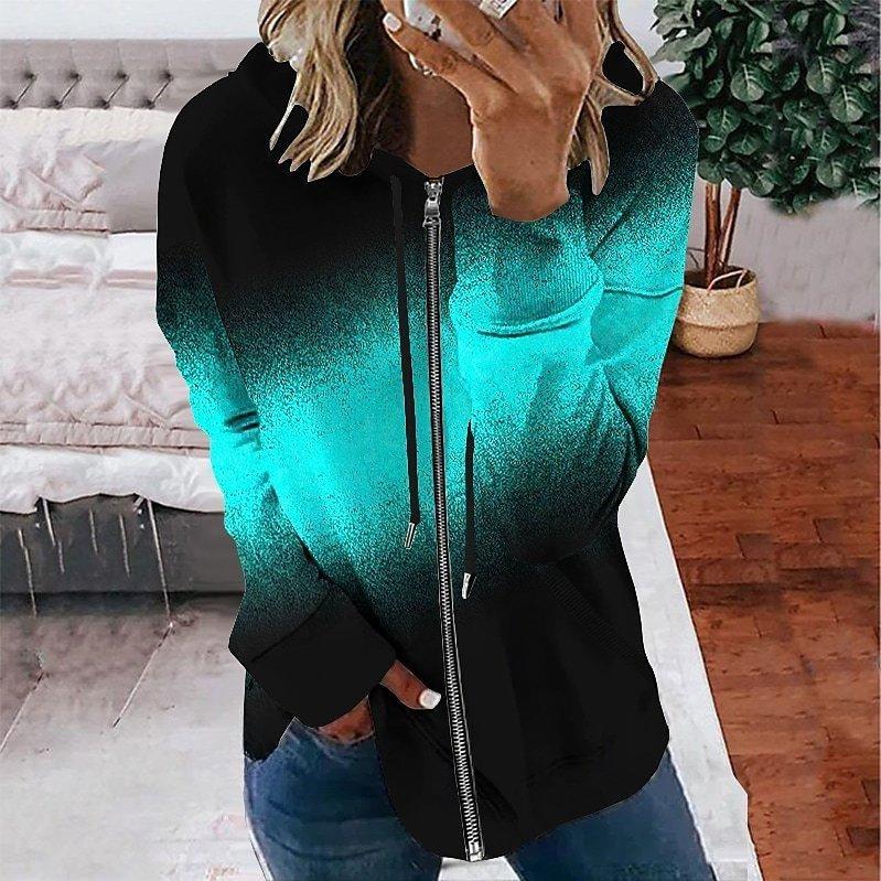Winter Gradient Printed Hooded Sweatshirt Sportwear Coat for Women Zipper Down 3D Pocket Hoodies Autumn Women's Clothing