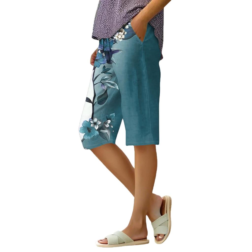 Women's Summer Fashion Retro Floral Polka Dot Print Knee Length Lightweight Elastic Waist Casual Pocket Shorts