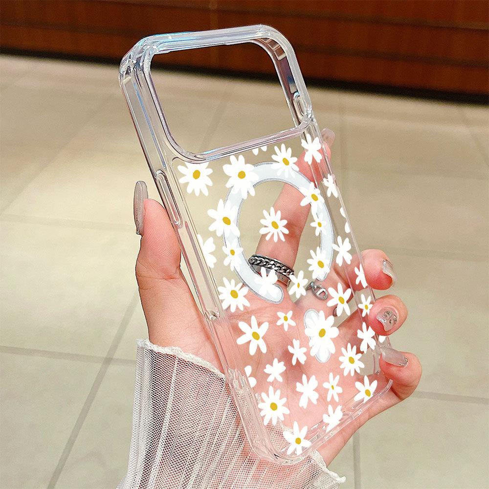 Japan and South Korea popular small daisy transparent mobile phone case magnetic wireless charging compatible with Apple 17PRO anti-drop protective