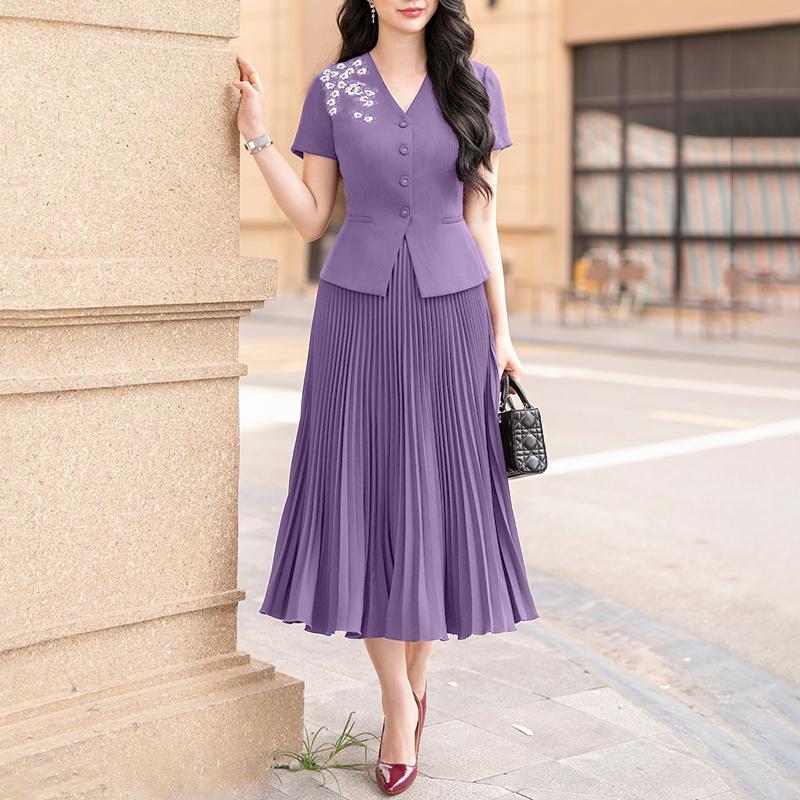 

ZANZEA Women Short Sleeve Slim Blouse and Pleated Skirts Summer Two Piece Suit Sets M фиолетовый