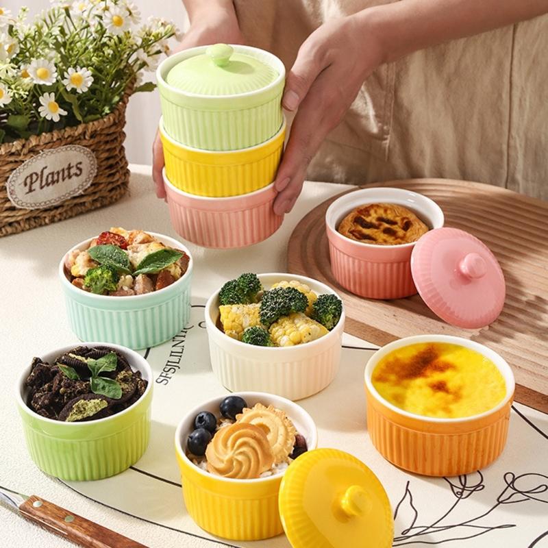 Piccola Casseruola in Ceramica con Coperchio Porcellana Ramequin Perfetta Per Porzioni Individuali di Zuppe Budini O Cibo per Bambini