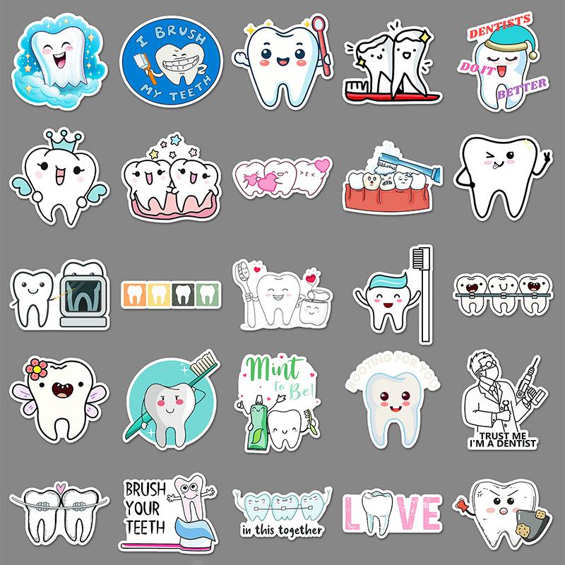 50 Sheets Protect Teeth Cartoon Stickers For Kids Students Graffiti Laptop Stationery Luggage Cute Sticker Dental Clinic Gifts