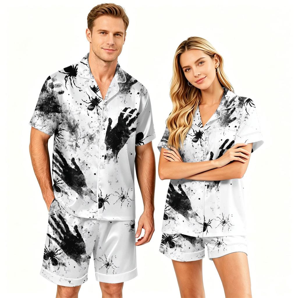 Couple Matching Halloween Pajama Set Short Sleeve Button Down Shirt and Shorts Soft Casual Sleepwear S To XXXXL