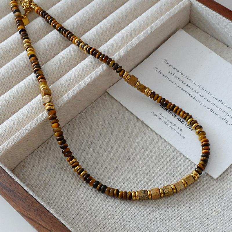 Tiger'S Eye Beaded Halskjede Maillard Oval Premium Genserkjede Titanium Stål Vintage Coffee Naturstein Clavicle Chain