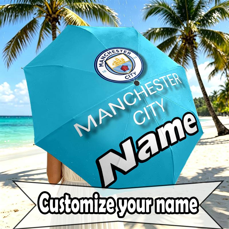 Custom Name Personalized Manchester City FC Print Umbrella, Auto Open Close, 8‑Rib Sturdy Frame, Commute Camping Hiking Use, Birthday Gift