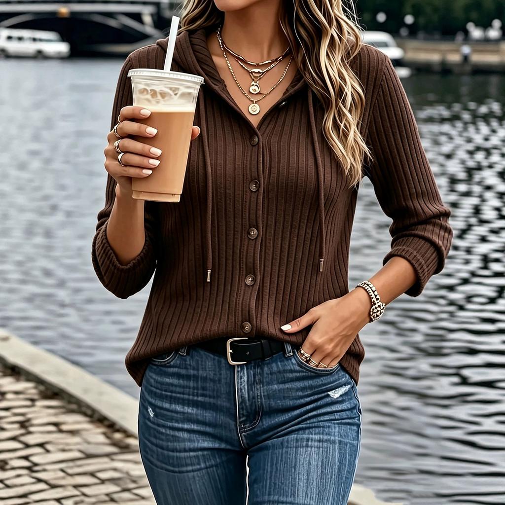 Women's Color Button Front Long Sleeve Hooded Knit Sweater Top