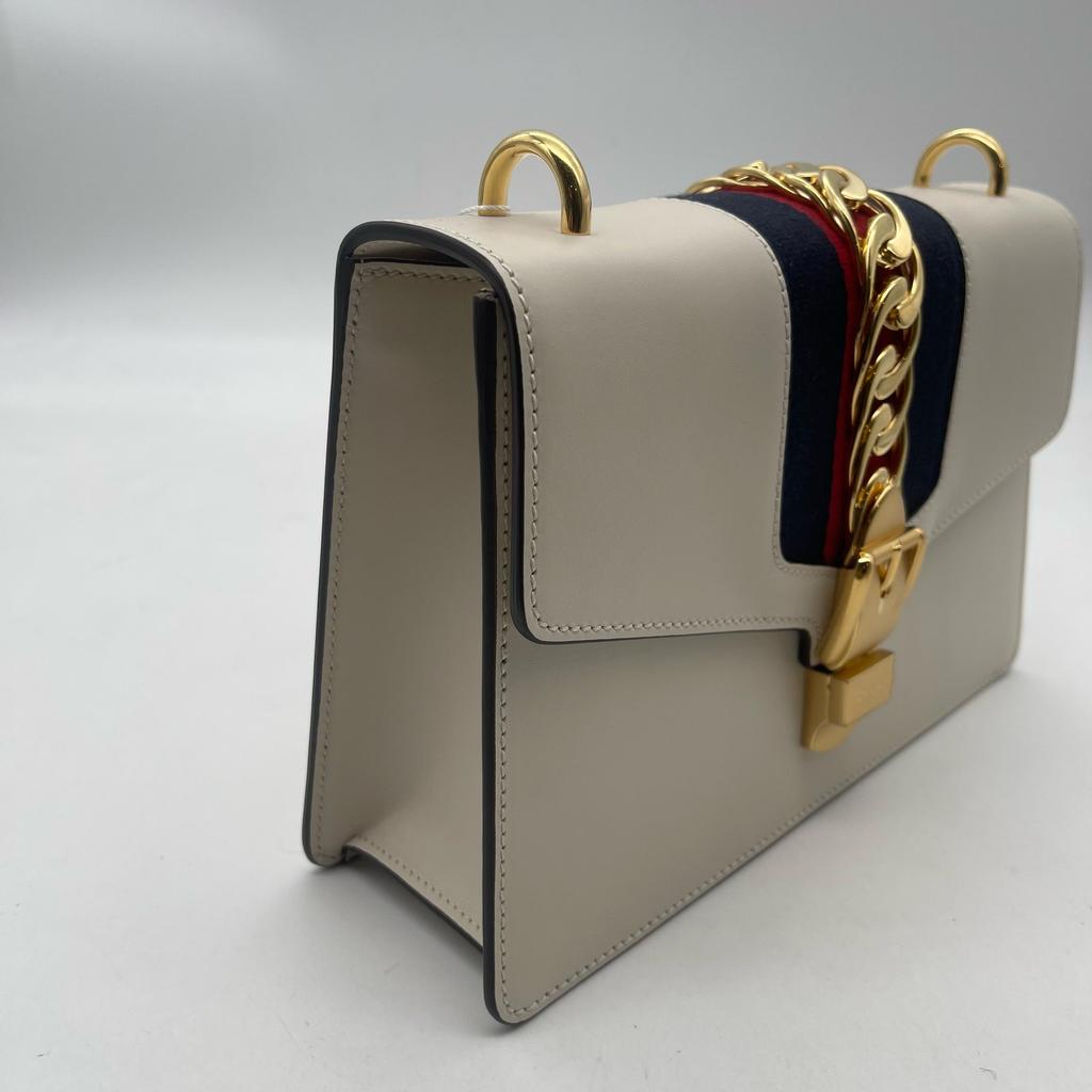 [Pre-Owned] Sylvie Gold Buckle Striped Web Satin Bow Wide Shoulder Strap Leather Handbag - Excellent #BGFA1