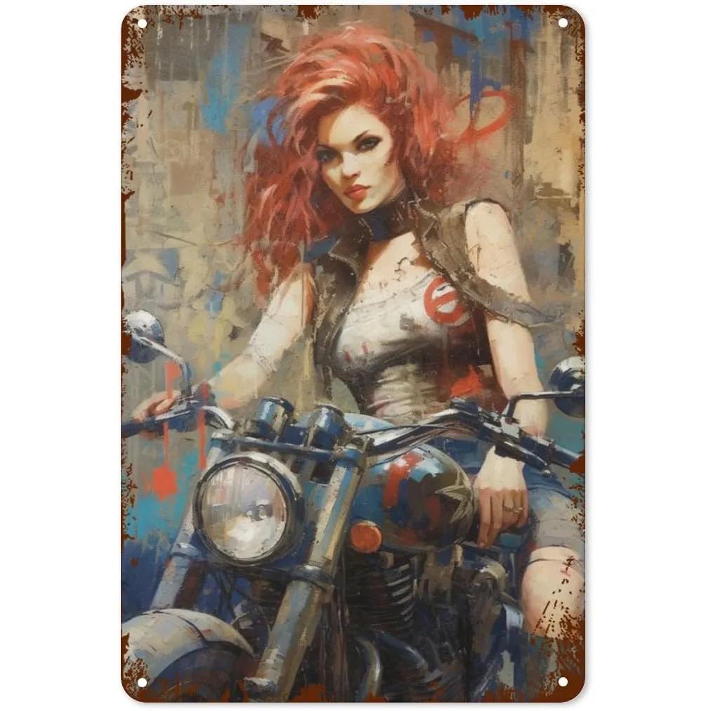 Metal Tin Signs Pinup Motorcycle Girl Wall Decoration Plaque Vintage Poster Iron Painting for Man Cave Home Cafe Garden Club Bar