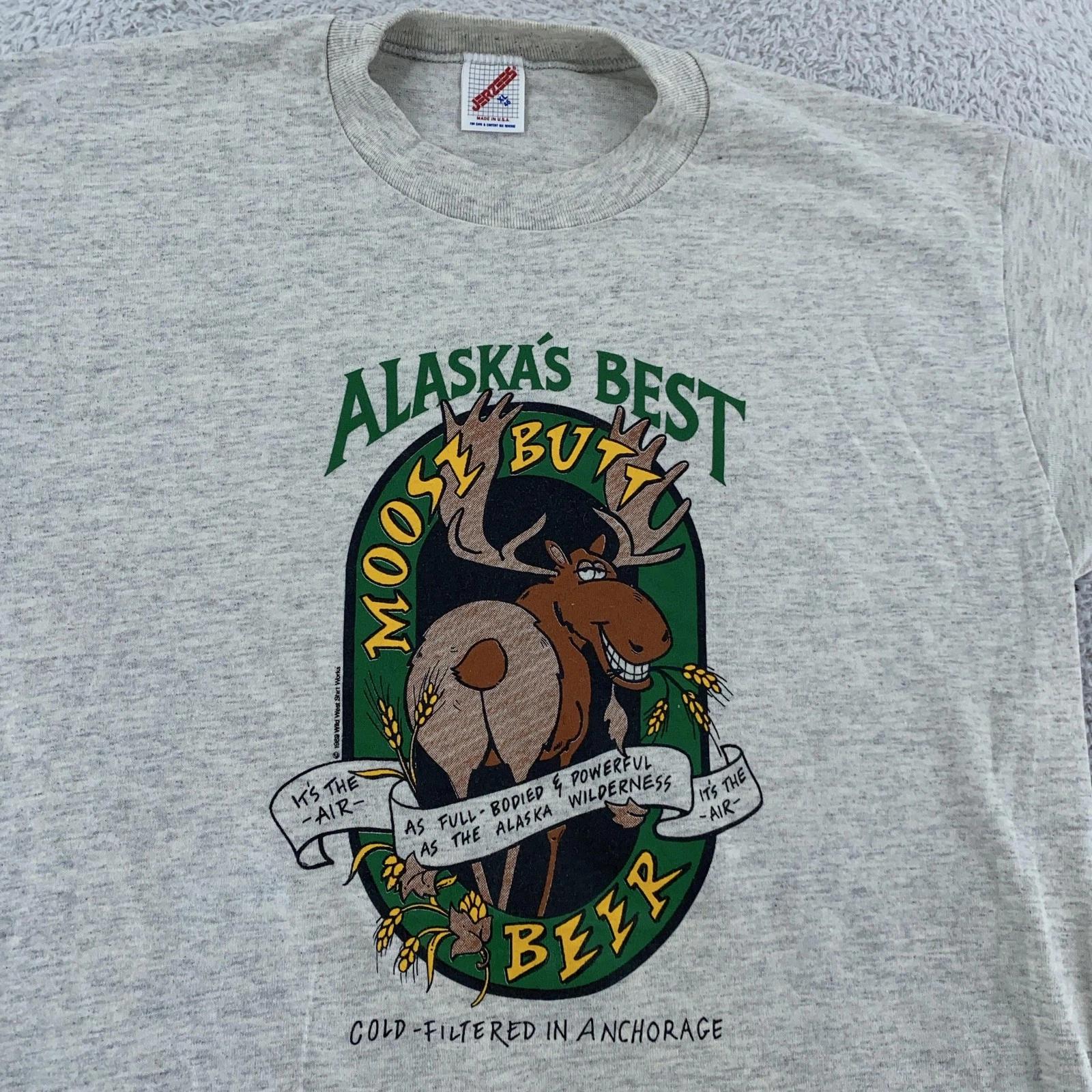 

Vintage 90s Alaska Moose Butt Beer Cartoon Shirt Mens Large Joke Funny USA Tee XL