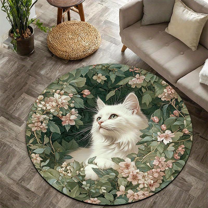 

White cat flower wreath Flannel-printed round floor mats are slip-resistant Suitable living room bedroom terrace garden carpets 60cm x 60cm