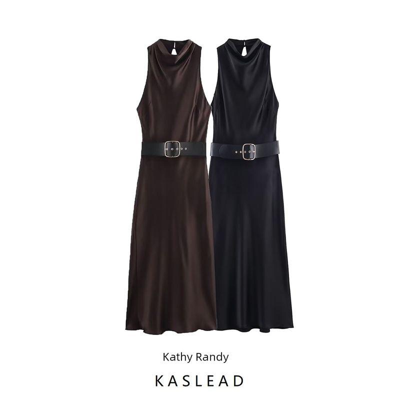 Kaslead New Arrival Women's Clothing Fashion Style with Belt Silk Satin Texture round Neck Sleeveless Dress 2277302