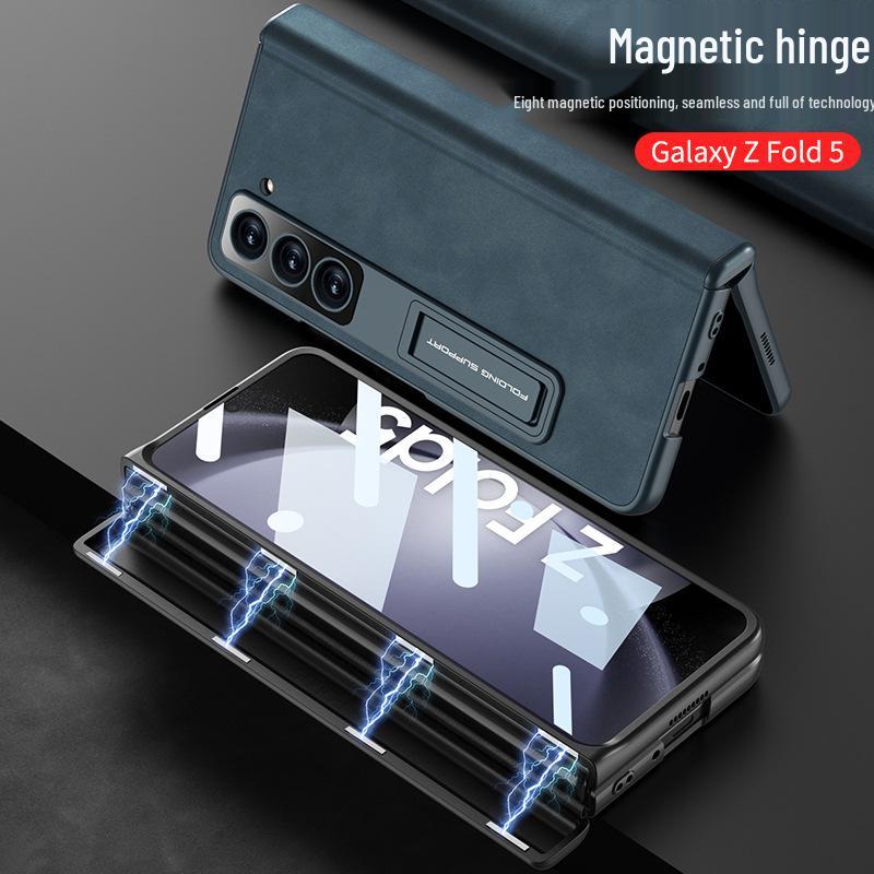 Samsung Z Fold5 Leather Case: Magnetic Hinge, Full Coverage, Stand, Cross-Border Protection