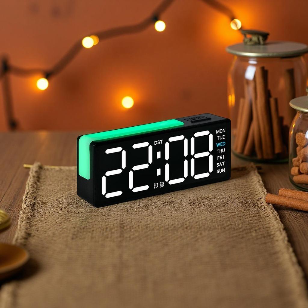 LED Digital Alarm Clock Atmosphere Light Date Teperature Week Display DST Snooze Table Clock 12/24H Brightness Adjustment