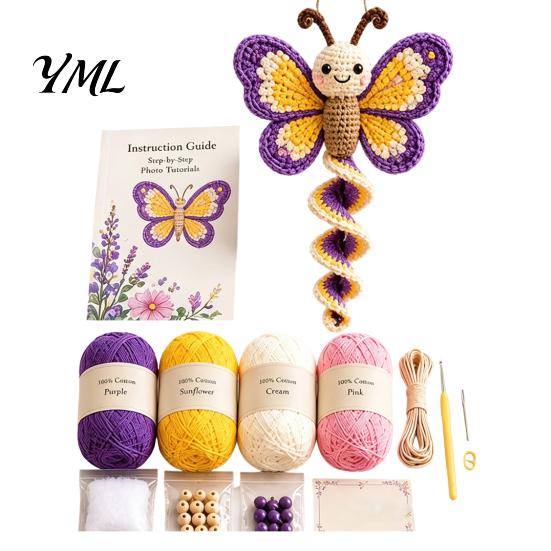 Textile Crafting Hobby Kit Crochet Garden Animal Spiral Hanging Kit, Beginner Friendly DIY Swing Personalized Handmade Gift Idea Butterfly Ladybug
