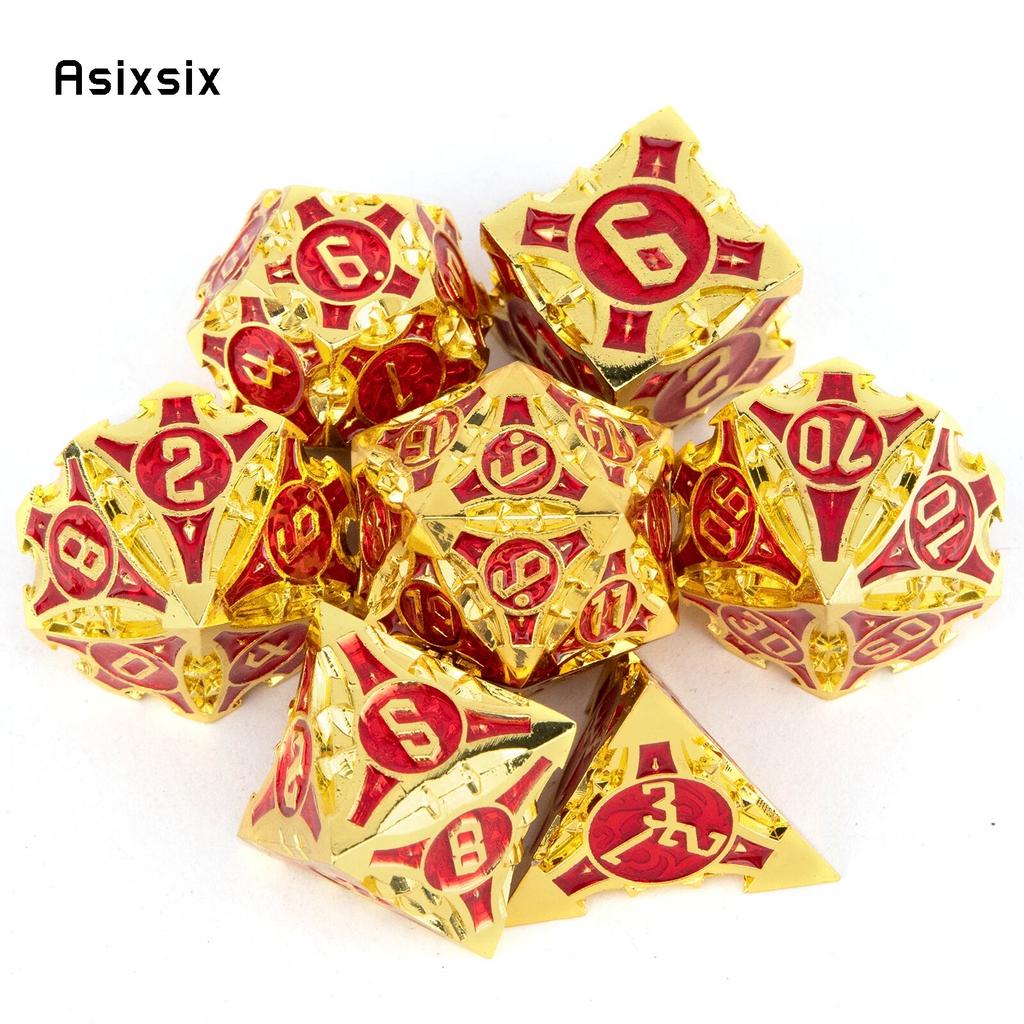 7dílná sada zlatých červených kovových kostek z masivního kovu s polyedrickými kostkami vhodná pro hraní RPG deskových her a karetních her