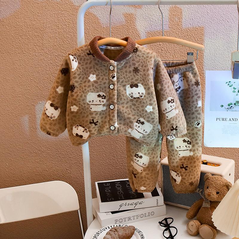 Girls' Velvet Lace Collar Flannel Pajama Set - Autumn/Winter Warmth