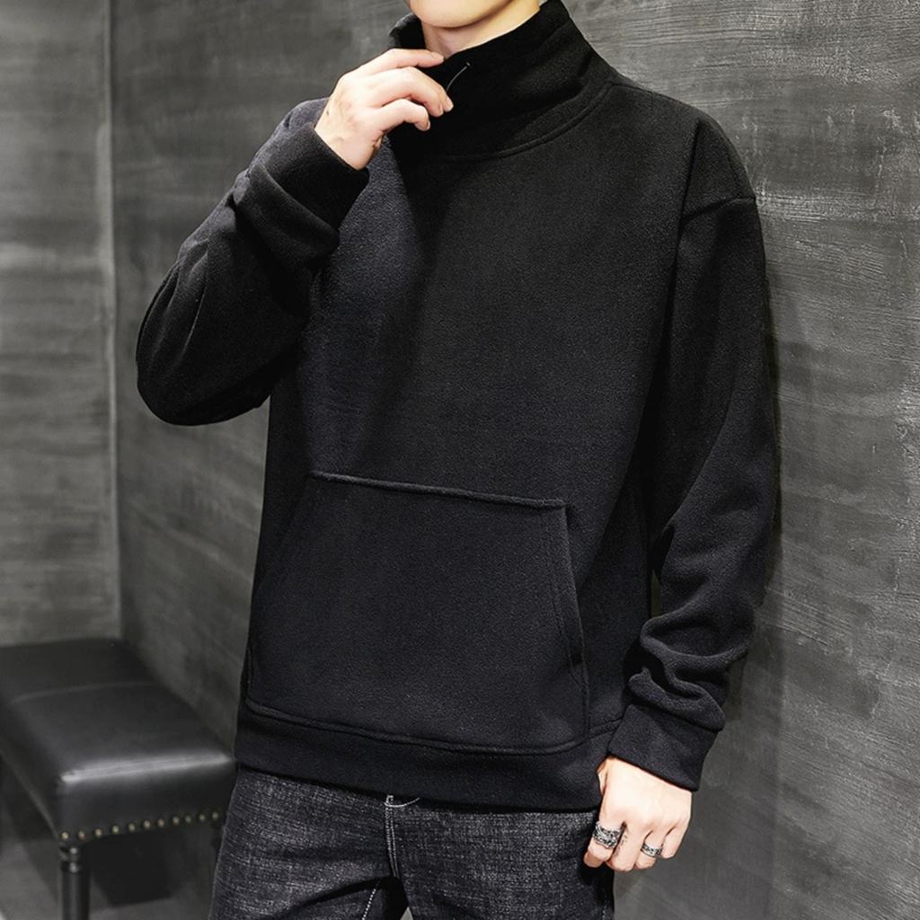 Men's Casual Solid Color Round-neck Long-sleeved Pocket Sweatshirt, Men's Fleece Thickened Warm High-neck Sweatshirt