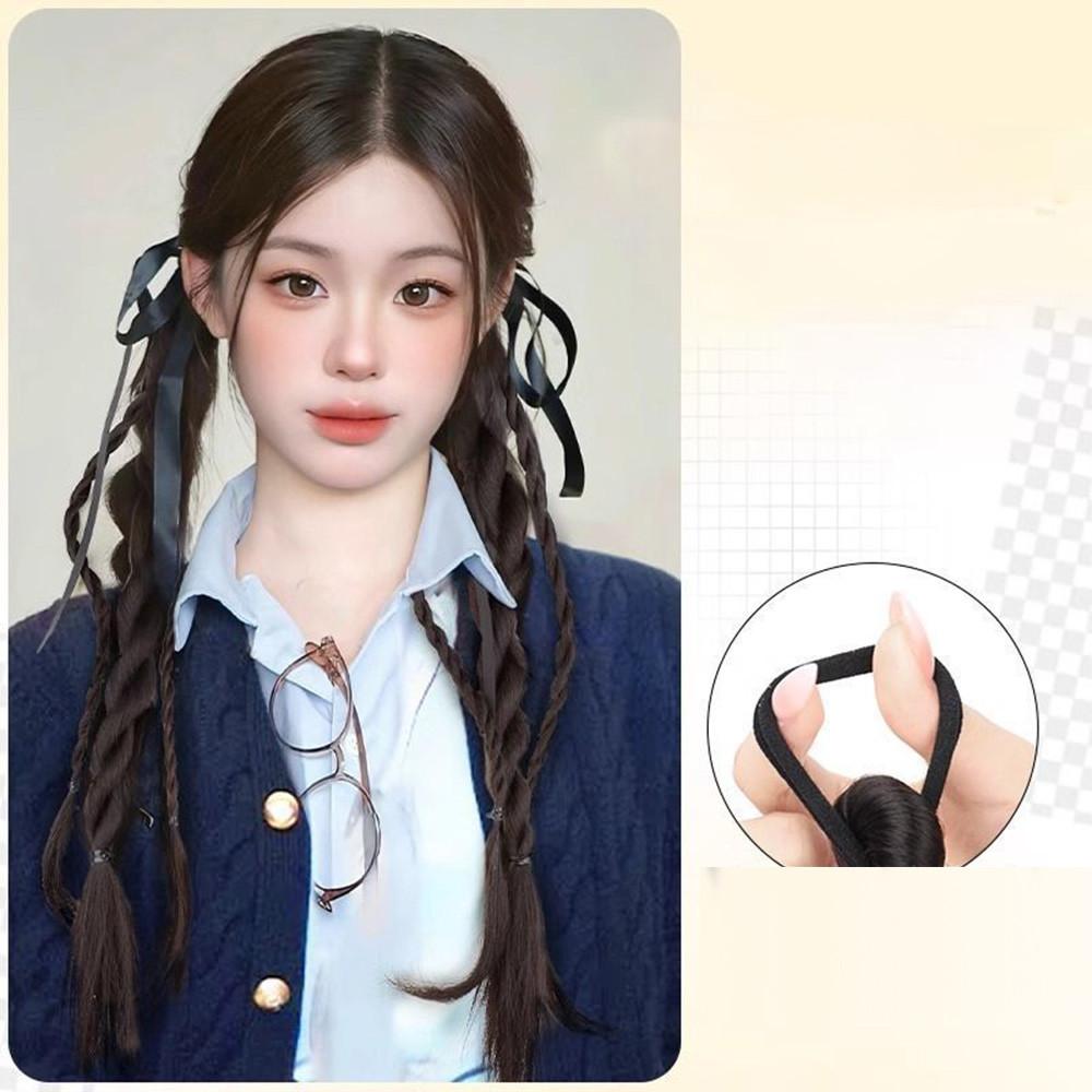 Синтетический парик Двойная коса-скрутка Головная веревка Лента Женский Милый Натуральный Студенческий стиль Бабочка Двойной хвост Парик Головная веревка