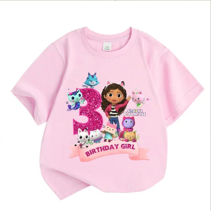 Gabbys Puppenhaus Geburtstag Zahl T-Shirt Mädchen Weiß Rosa Kurzarm T-Shirts Oberteile Baumwolle Sommer Lässig Partyzubehör T-Shirt