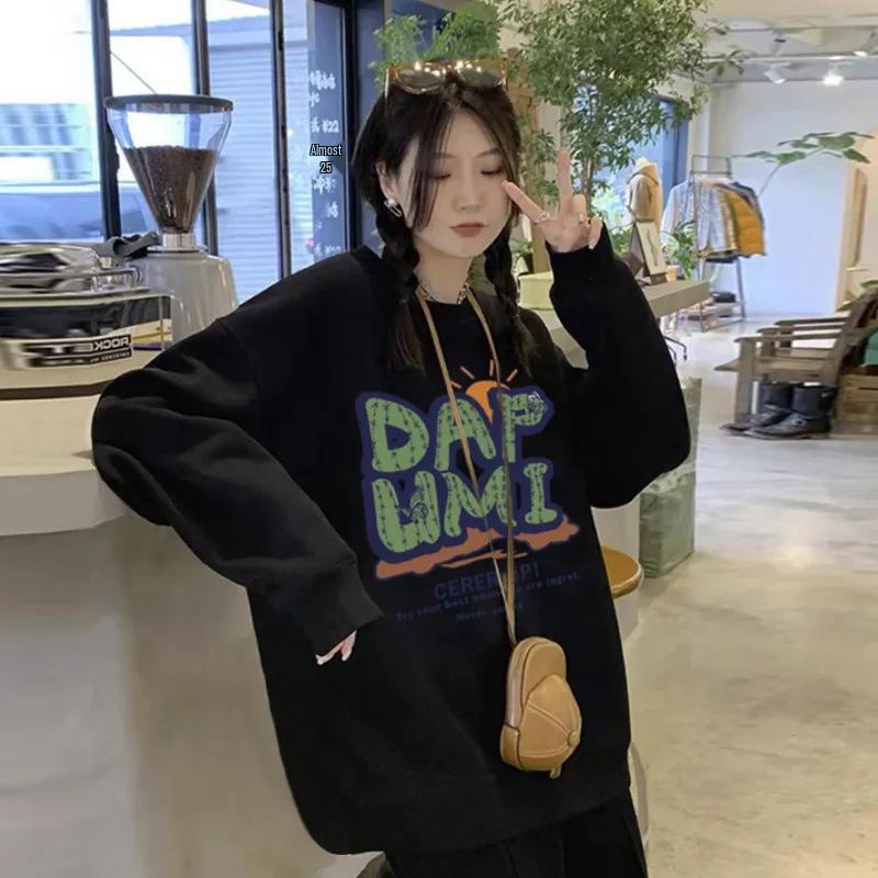 Women's Heavyweight 100% Cotton Round Neck Velvet-Lined Hoodie - Loose, Trendy, No-Hood, Perfect for Early Autumn