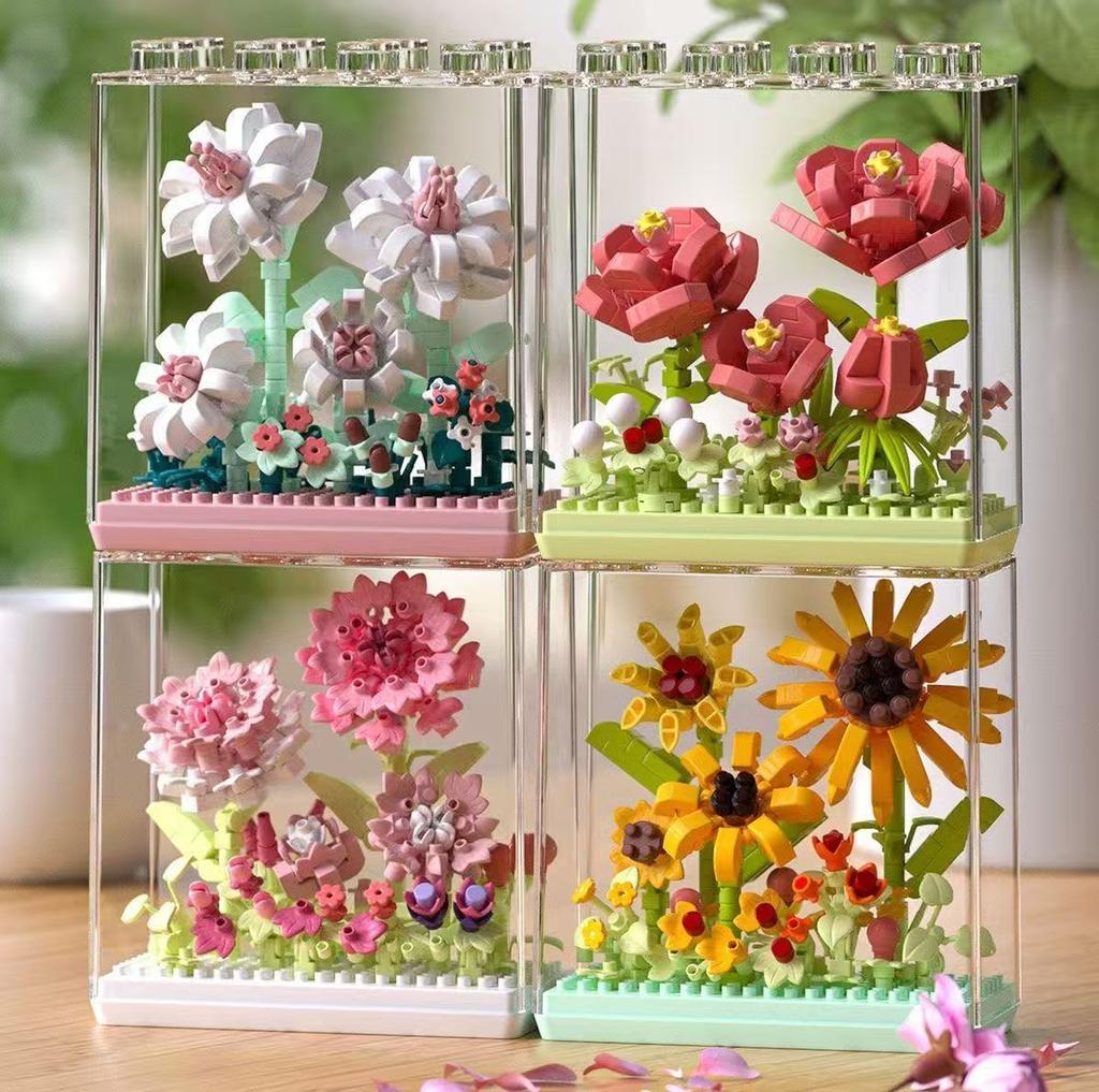 Creative Microgranules Bouquet Rose Sunflower Flower Mini Particles Building Blocks Assembled Bricks Girl Gift Home Ornament