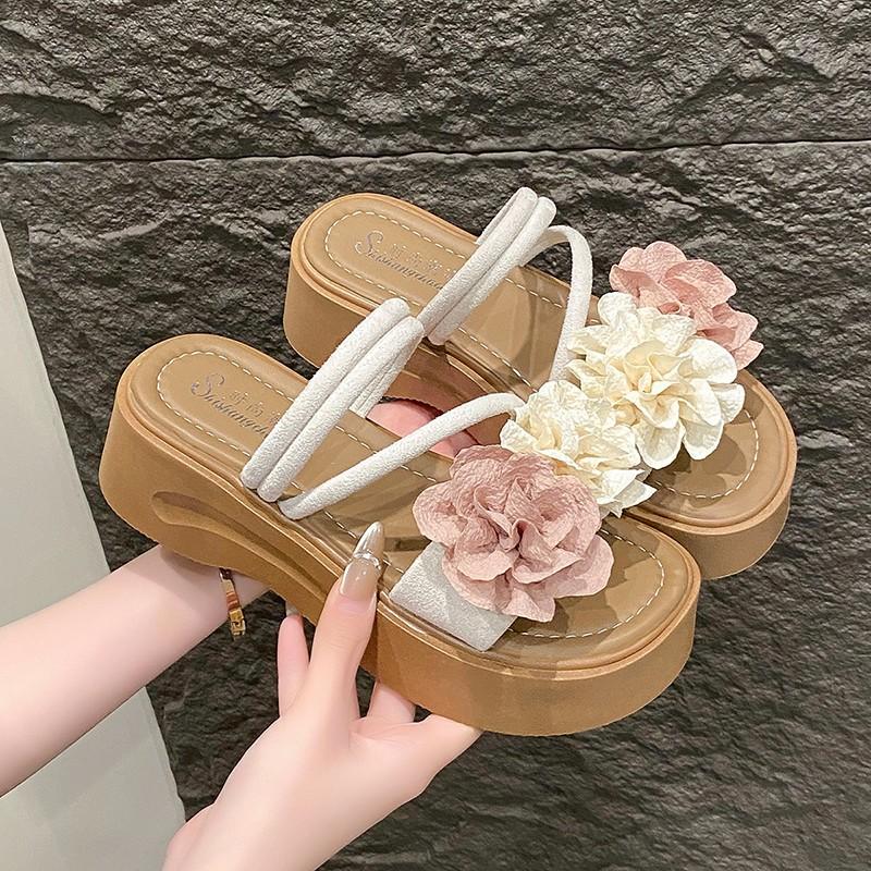 Fashion Women's New Flower Small Figure High Platform Sandals Wear Soft-soled Non-slip Beautiful Cool Slippers In Summer