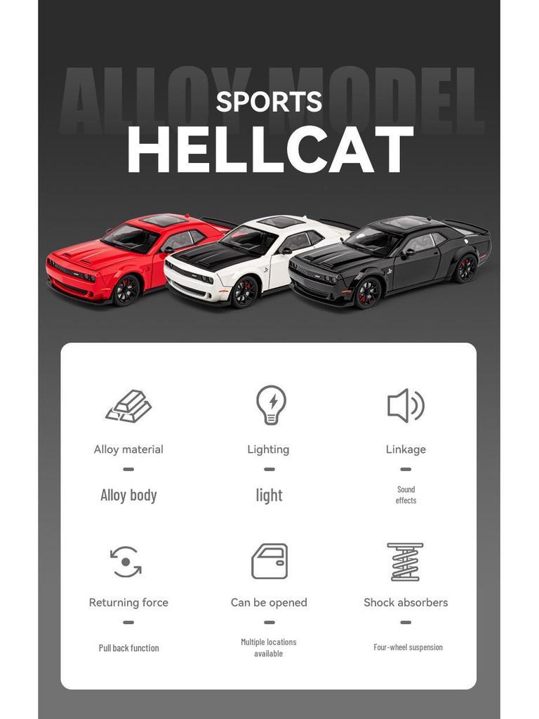 1:24 Hellcat Challenger Alloy Sports Car Model with Sound, Light, Pull-Back, and Openable Doors.