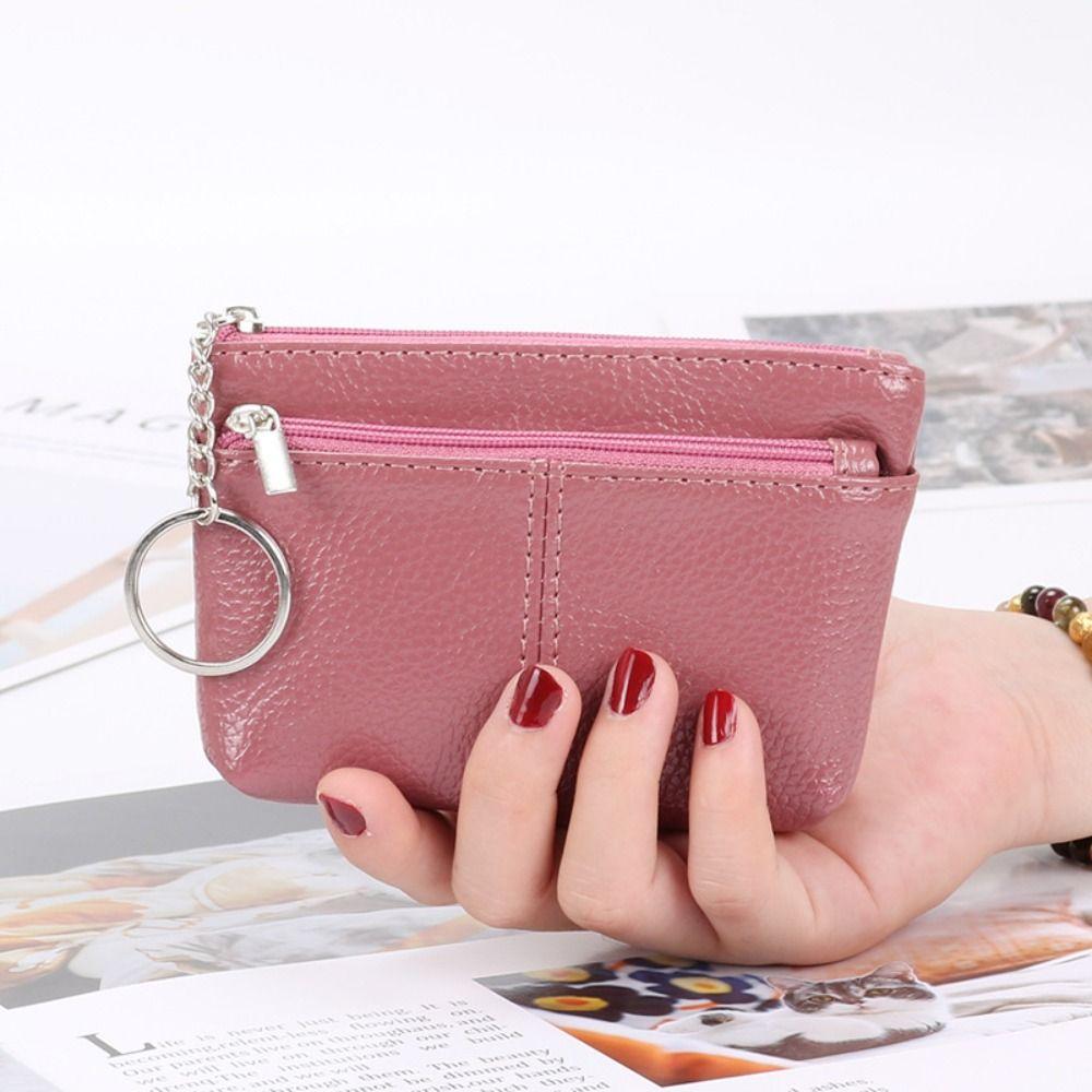 Portable PU Leather Coin Purse Mini Zipper Leather Purses with Keychain Solid Color ID Credit Card Holder