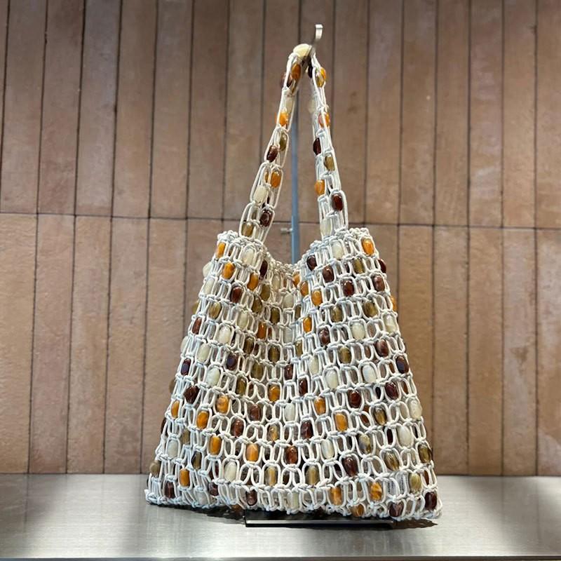 Hand-woven Beaded Bag With Contrasting Color Design Fashionable High-end Net Tote Beach Vacation