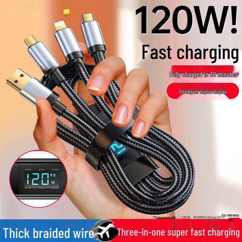 120W Super Fast Charging 3-in-1 Cable with Digital Display for Apple, Huawei, OPPO
