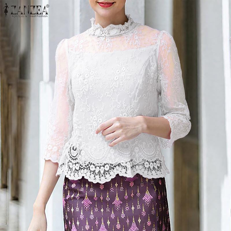 ZANZEA Damen 3/4-Ärmel Casual Durchsichtige Spitze Patchwork Bluse