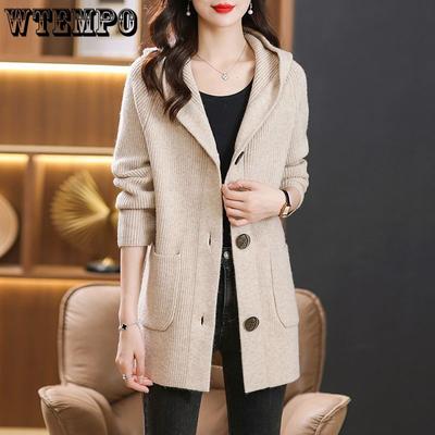 Autumn Hooded Knitted Sweater Women's Cardigan Mid Long Style Autumn Style Outerwear Sweater for Spring and Autumn
