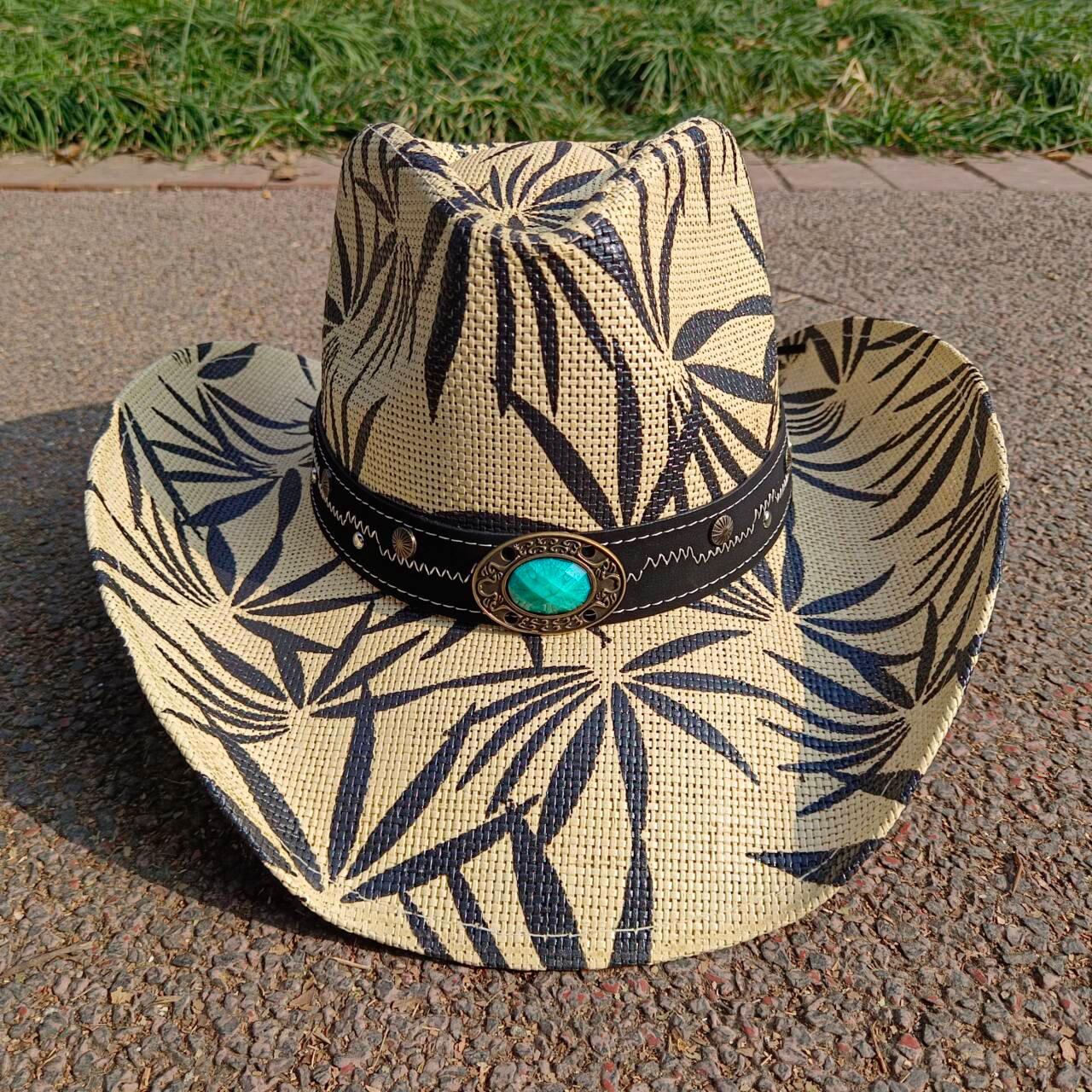 

Cowboy Hat Summer Turquoise Leather Accessories Outdoor Travel Visor Hat for Men and Women Retro Gentleman Western kapelusz kow M55-58cm