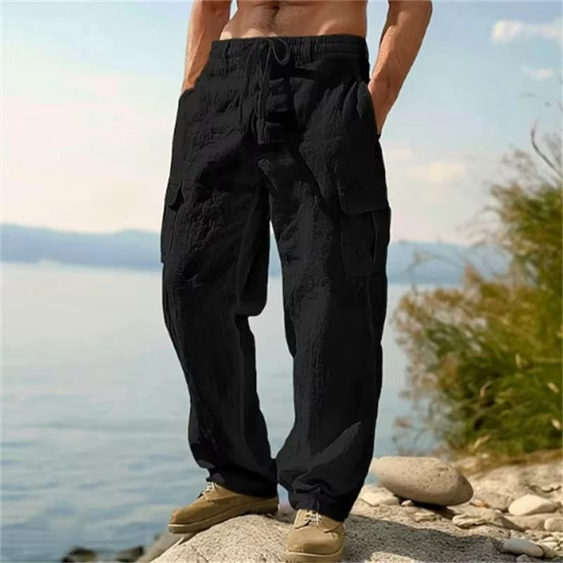 Herren Freizeit Hose Locker Bequem Cargohose Hose Mann Baumwolle Leinen Mehrere Taschen Gerade Hose Strand dünn Männer Hose