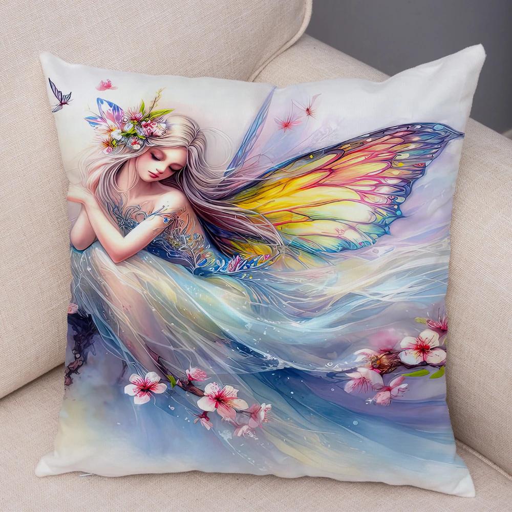 Niedlicher Cartoon Waldmädchen Elfen Kissenbezug Doppelseitig bedruckter Kissenbezug Deko für Sofa Zuhause Superweicher Plüsch Kissenbezug 40x40cm