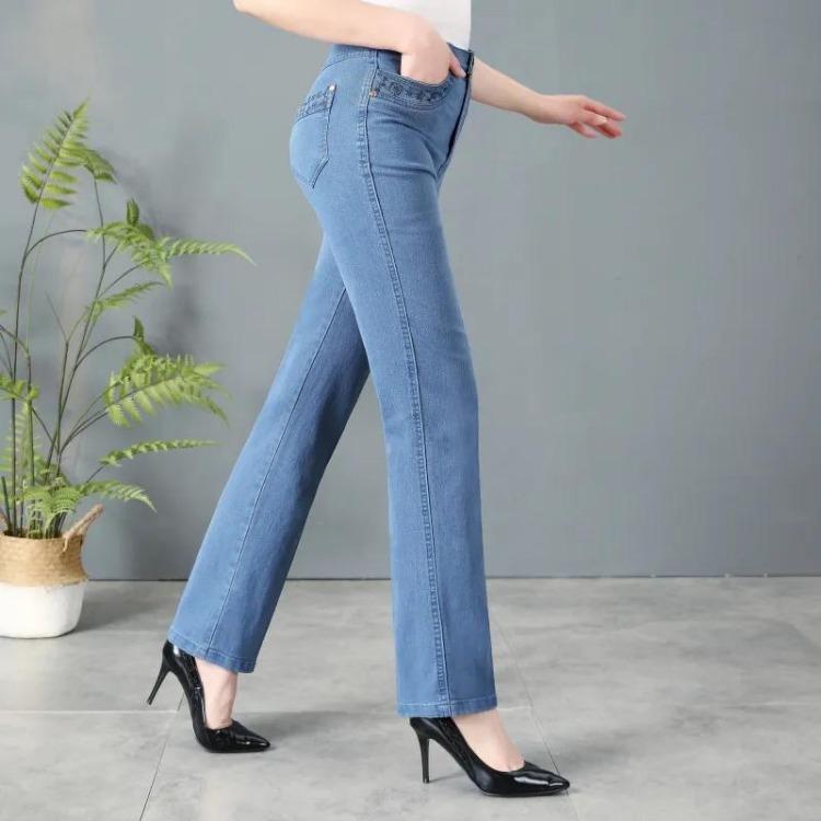 Women High Waisted Loose Straight Leg Denim Pants Casual Spring Autumn Oversized Mother Jeans with Embroidery Pockets