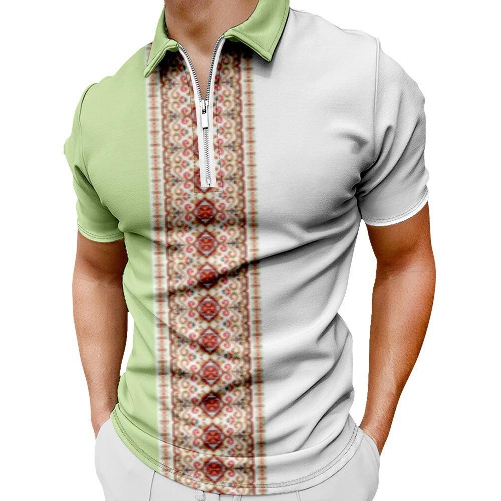 Men'S Casual 3D Digital Printing Short Sleeve Zipper Polo Shirt Men'S Clothing