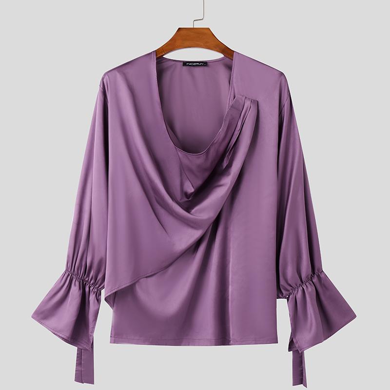 

INCERUN Мужские рубашки с воротником-хомут, атласные, с длинным рукавом, однотонные, с оборками 5XL белый